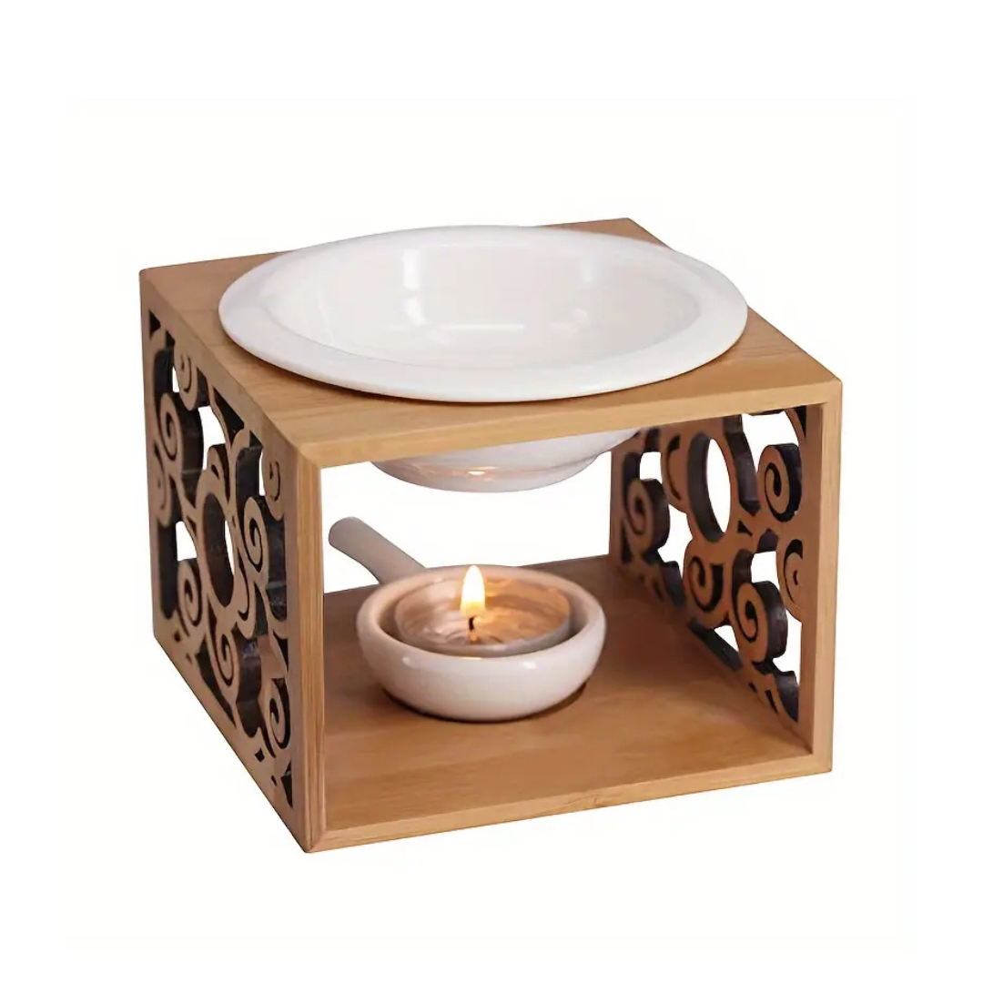 Large Bamboo & Ceramic Cut Out Burner & Melter with Tea Light Holder